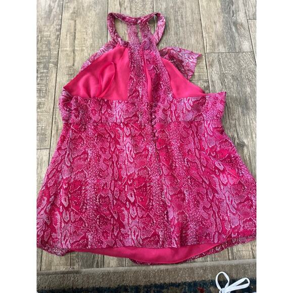 BCBGMAXAZRIA Women's Pink Azaelea Combo Ruffle Silk Halter Top Size Large - Picture 11 of 12
